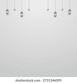 Fundo Branco Islâmico Minimalista com Padrão Geométrico Arabesco e Decoração de Lanternas Suspensas