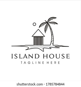 Minimalist island house with coconut  tree island and sun for vacation place, hotel, apartment, residential, suites, estate icon logo design