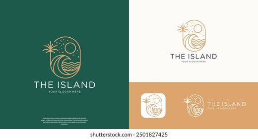 Logotipo minimalista de la isla de Sun Beach Waves y Palm Circles Line Art Vector