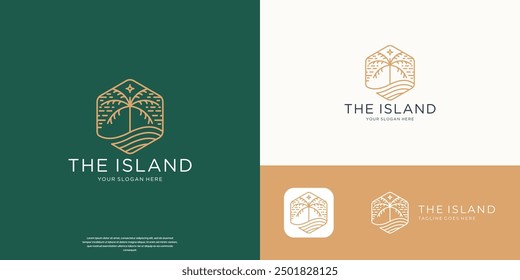 minimalist the island logo of waves and palm tree outline art vector.