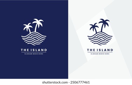 Minimalist the island logo of waves and palm tree outline art vector illustration EPS10 file.