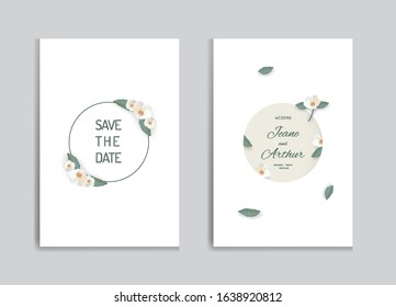 Minimalist isolated flower and foliage wedding invitation card template design, White jasmine or frangipani flower and various green leaves on white colours