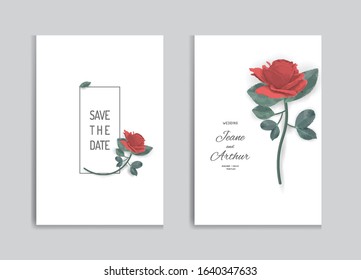 Minimalist isolated flower and foliage wedding invitation card template design, Red rose flower and various green leaves on white