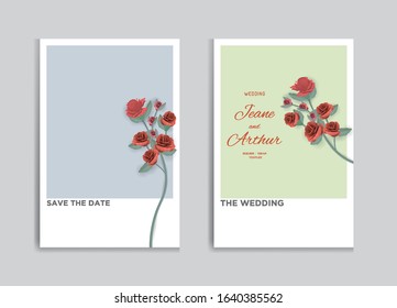 Minimalist isolated flower and foliage wedding invitation card template design, Red rose flower and various green leaves on pastel colours