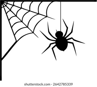 A minimalist, isolated illustration of a black spider hanging from a corner cobweb. Perfect for Halloween decorations, simple designs, or creepy crawly themed projects.