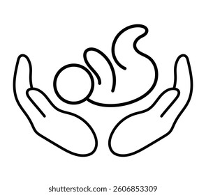 Minimalist Isolated Vector Illustration of Infant Care Icon. Two hands cradling a small infant, symbolizing care and protection. Simple black and white design emphasizes nurturing and safety