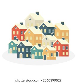 Minimalist isolated village with colorful houses. Vector illustration