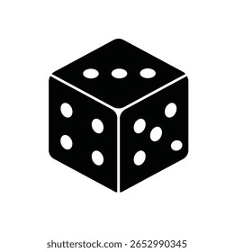 A minimalist, isometric black and white illustration of a single six-sided die showing the numbers three, four, and five, isolated on a white background.
