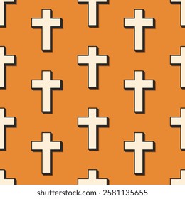 Minimalist isometric christian crosses vector seamless pattern. White religious symbols with shadows on orange background.