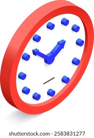 Minimalist isometric clock marking eight o clock, with blue hands and hour markers, and a red circular frame, useful for representing concepts related to time management, deadlines, and scheduling