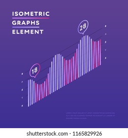 Minimalist isometric design of chart showing statistics on purple background