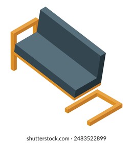 Diseño isométrico minimalista de un sofá moderno con marco de madera, aislado sobre blanco