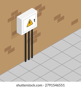 Minimalist Isometric Fusebox and Electrical Panel Illustration. Industrial electrical fusebox mounted on brick wall. Vector illustration for electrical engineering content, industrial safety manuals, home maintenance articles, infrastructure infographics, and power distribution concepts