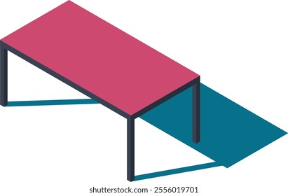Minimalist isometric illustration featuring a pink table with dark gray legs casting a distinct shadow on a blue floor, creating a simple yet stylish visual