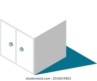 Minimalist isometric illustration featuring a white cabinet with closed doors, casting a distinct shadow on a teal floor, representing modern interior design or storage solutions