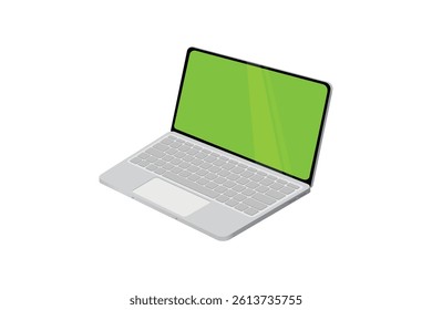 Minimalist isometric laptop illustration with green screen on a white background.