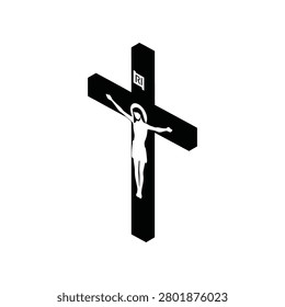 Minimalist isometric representation of a crucifix symbolizing faith and salvation. Ideal for spiritual marketing and editorial content.