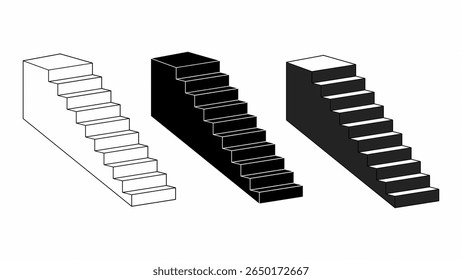 Conjunto minimalista de ícones de vetor de escada isométrica. Inclui três variações: contorno, preto sólido e escadas escuras sombreadas. Perfeito para crescimento empresarial, progresso, conceito de sucesso ou design infográfico.