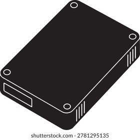 Minimalist isometric vector of a black electronic power supply unit featuring ventilation slots and mounting holes