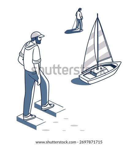 Minimalist isometric vector illustration of two men standing near a sailboat, modern blue line art style on white background, simple conceptual design.