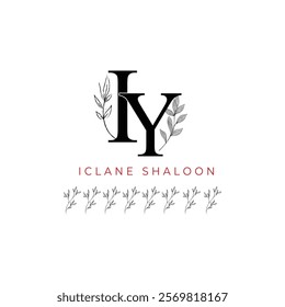 Minimalist IY Monogram with Botanical Illustration.Elegan Initial YI Logo with Floral Element. Wedding logos, hand drawn elegant, delicate and minimalist,black and white vintage logo for beauty shop.