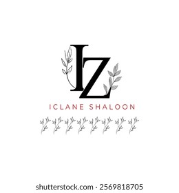 Minimalist IZ Monogram with Botanical Illustration.Elegan Initial ZI Logo with Floral Element. Wedding logos, hand drawn elegant, delicate and minimalist,black and white vintage logo for beauty shop.