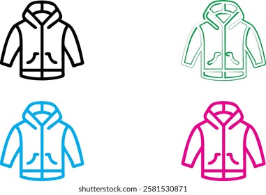 Minimalist jacket icons, colorful outlines, simple geometric shapes, hooded sweatshirts, flat design, vector graphics, black white blue pink green color scheme, clean lines, stylized clothing illustra