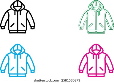 Minimalist jacket icons, colorful outlines, simple geometric shapes, hooded sweatshirts, flat design, vector graphics, black white blue pink green color scheme, clean lines, stylized clothing illustra