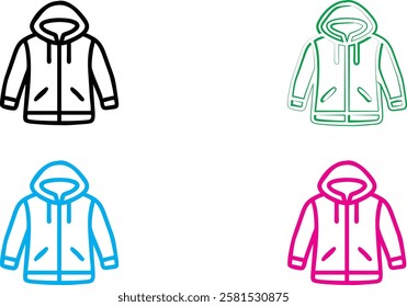 Minimalist jacket icons, colorful outlines, simple geometric shapes, hooded sweatshirts, flat design, vector graphics, black white blue pink green color scheme, clean lines, stylized clothing illustra