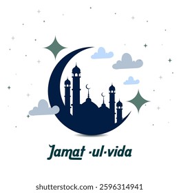 Minimalist Jamat ul Vida Greeting Card with Crescent Moon Mosque Silhouette and Starry Sky on White Background  Ramadan Farewell and Islamic Festive Theme