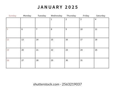 Minimalist January 2025 calendar design vector illustration. Perfect for planners, organizers, or scheduling purposes.