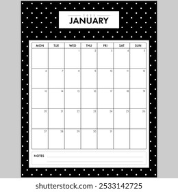 Minimalist January 2025 Calendar Month. Elegant Black and White Dotted Background month by month planner with writing space for organization. Part of a monthly year set.