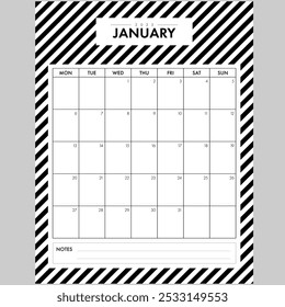 Minimalist January 2025 Calendar Month. Elegant Black and White Stripped Background month by month planner with writing space for organization. Part of a monthly year set.