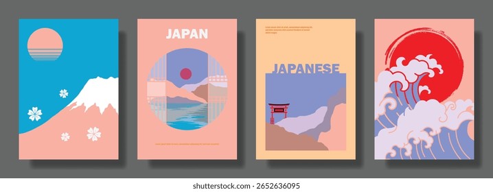 Pôster japonês minimalista com Monte Fuji, Torii Gate e Ondas Oceânicas