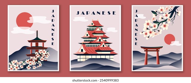 Minimalist japanese posters set. Asian architecture elements near mountains and red sun. Oriental creativity and art objects. Flat vector collection isolated on red background