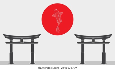 Minimalist Japanese Torii Gate and Koi Fish Illustration for Cultural Poster and Background