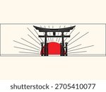 Minimalist Japanese Torii Gate Vector with Red Sun and Black Outline Elements