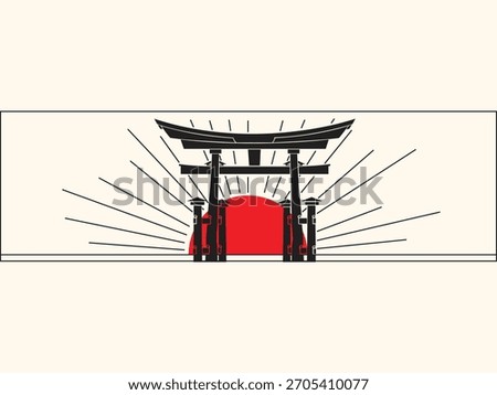 Minimalist Japanese Torii Gate Vector with Red Sun and Black Outline Elements