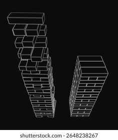Um jogo de Jenga minimalista com duas torres feitas de blocos retangulares empilhados, ilustradas em linhas brancas sobre um fundo preto. A arte vetorial de alto contraste apresenta formas geométricas limpas, nítidas.