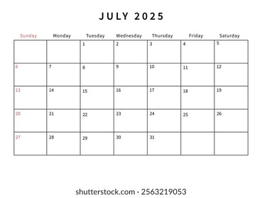 Minimalist July 2025 calendar design vector illustration. Perfect for planners, organizers, or scheduling purposes.