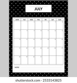 Minimalist July 2025 Calendar Month. Elegant Black and White Dotted Background month by month planner with writing space for organization. Part of a monthly year set.