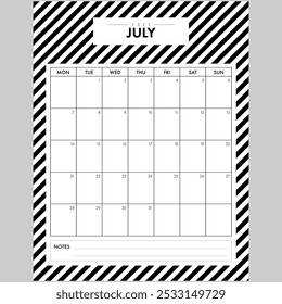 Minimalist July 2025 Calendar Month. Elegant Black and White Stripped Background month by month planner with writing space for organization. Part of a monthly year set.