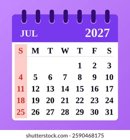 Minimalist July 2027 calendar featuring a modern design. Ideal for tracking appointments, holidays, and personal goals.

