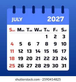 Minimalist July 2027 calendar template with a modern look. Ideal for organizing daily tasks, holidays, and important events.

