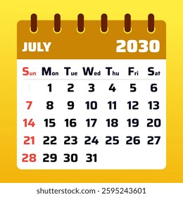 Minimalist July 2030 calendar featuring a calming yellow palette. Perfect for vacation planning, setting goals, and staying on track with schedules.