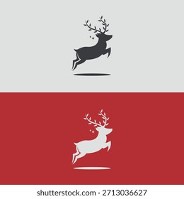 Minimalist jumping reindeer logo featuring a clean silhouette style with decorative leaf antlers and soft shadow. Elegant modern emblem suitable for holidays, Christmas branding