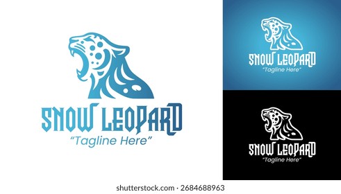 Minimalist Jumping Snow Leopard Logo in Blue and White Style