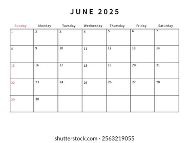 Minimalist June 2025 calendar design vector illustration. Perfect for planners, organizers, or scheduling purposes.