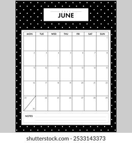 Minimalist June 2025 Calendar Month. Elegant Black and White Dotted Background month by month planner with writing space for organization. Part of a monthly year set.