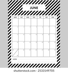 Minimalist June 2025 Calendar Month. Elegant Black and White Stripped Background month by month planner with writing space for organization. Part of a monthly year set.